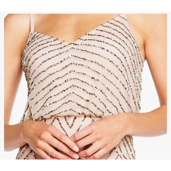 Adrianna Papell Nude Beaded Art Deco Spaghetti Strap Maxi Dress 0 - Picture 2 of 9